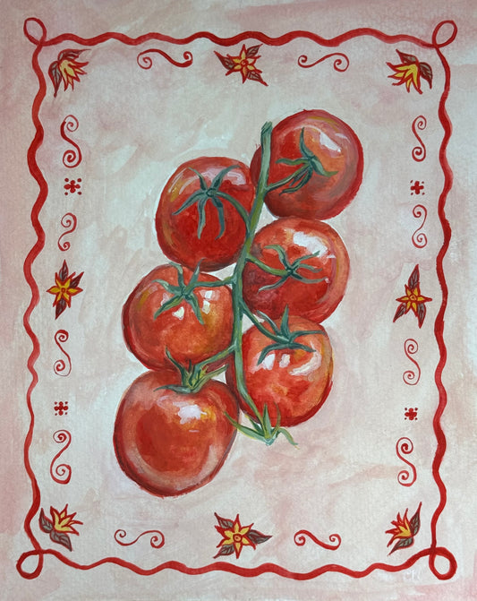 painting of red tomatoes on a vine with decorative border