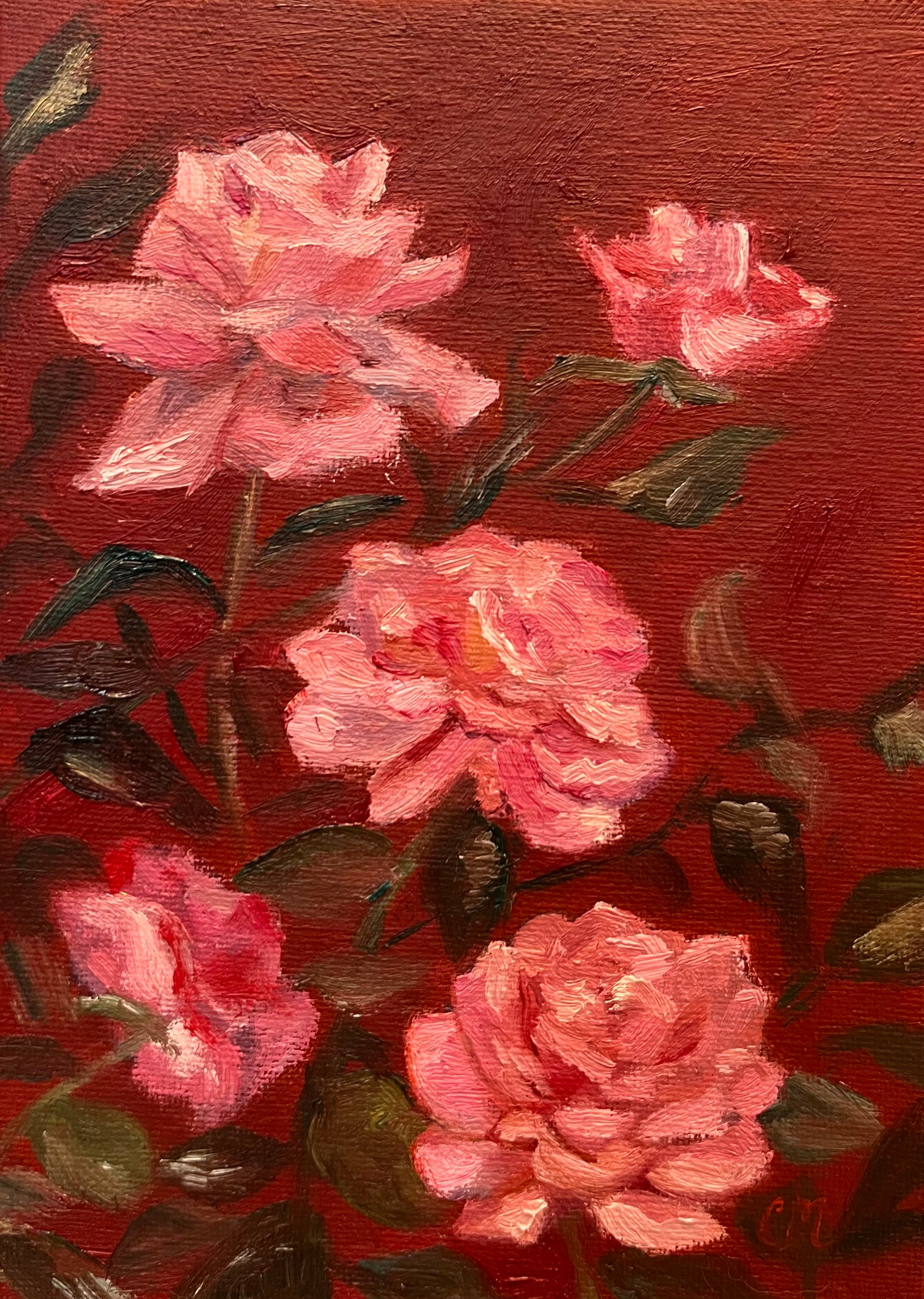 Painting of pink roses on a red background