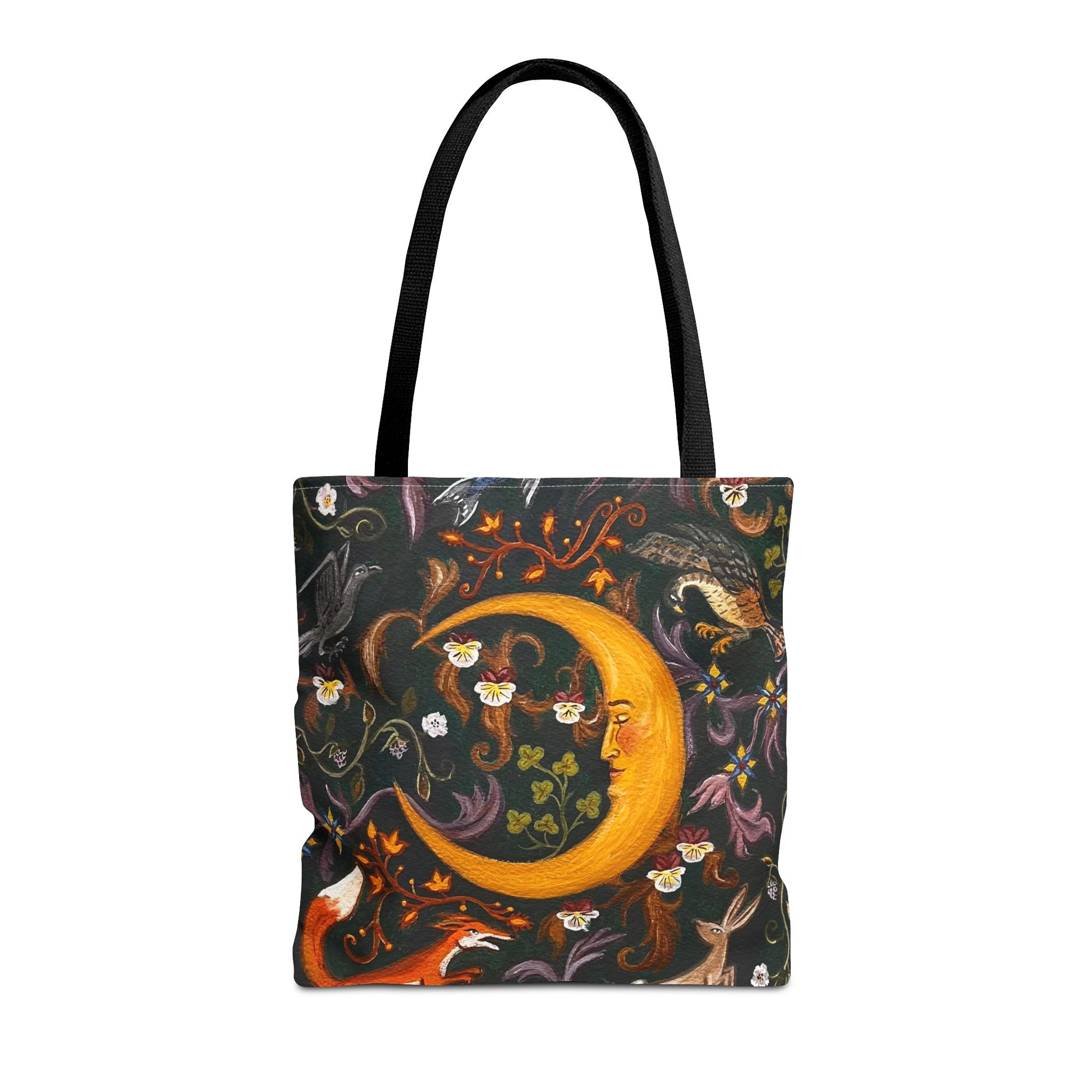 Tote bag with a celestial design featuring a moon, stars, and animals on a dark green background.