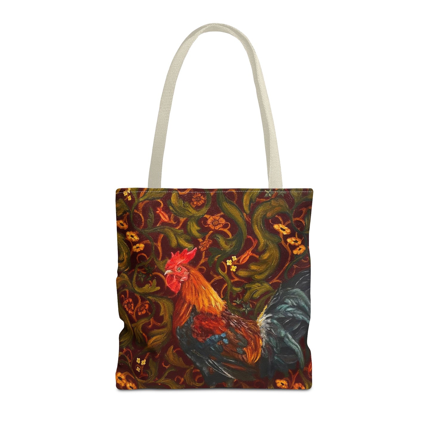 Tote bag with a colorful rooster design on a white background