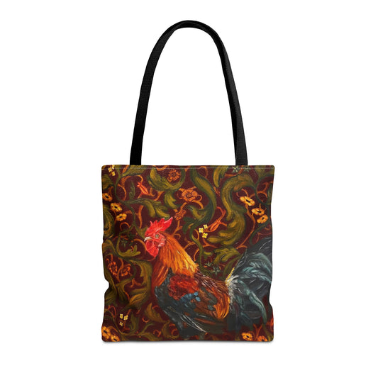 Tote bag with a colorful rooster design on a white background