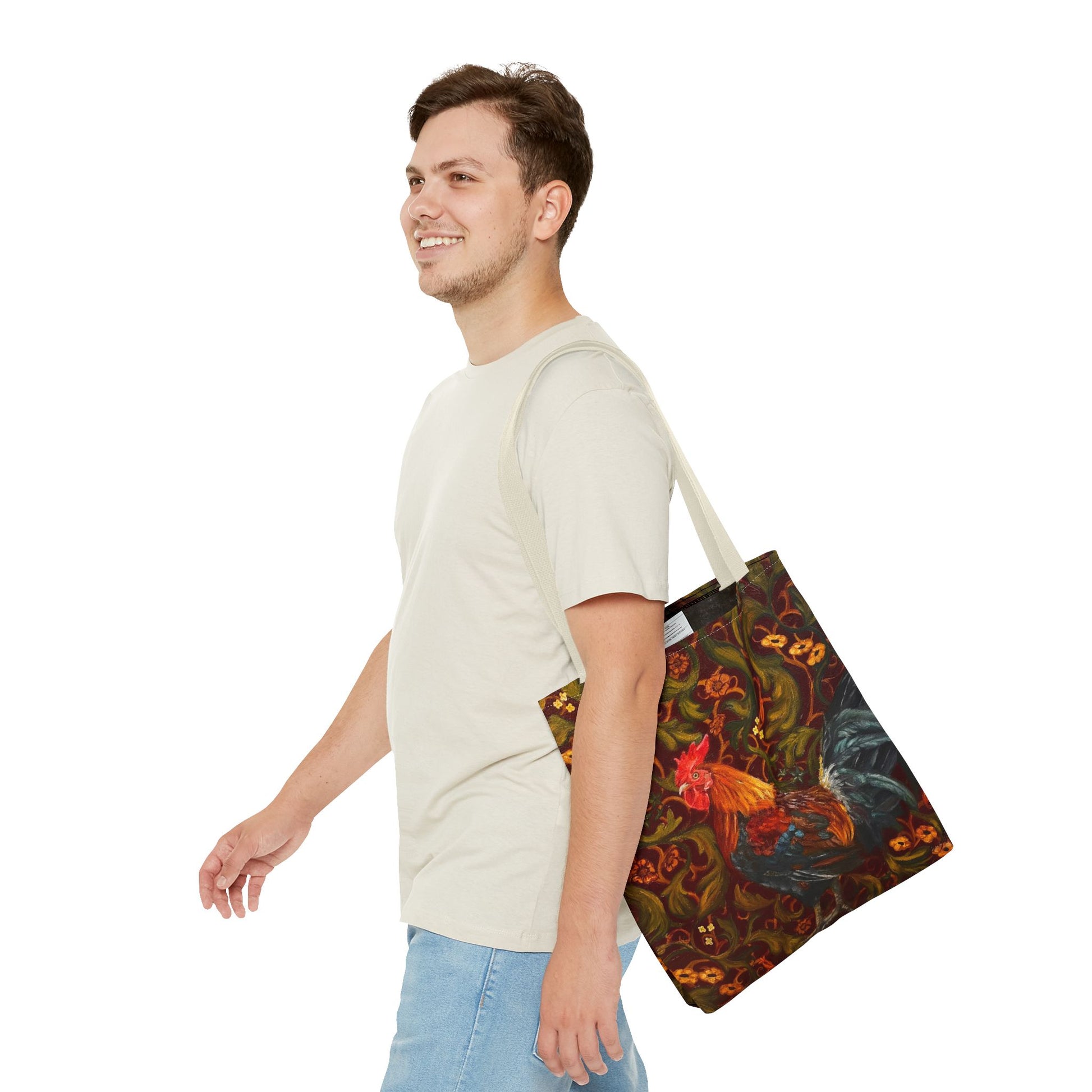 Man carrying a colorful tote bag on a white background