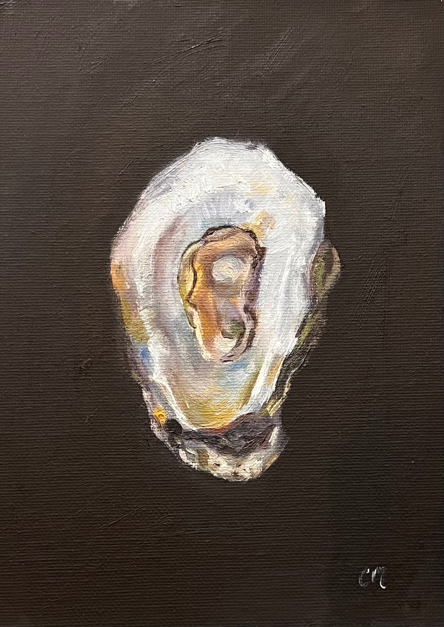 Oil painting of an oyster on a black brown background