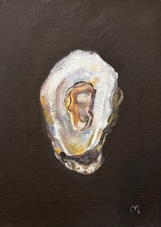Oil painting of an oyster on a black brown background