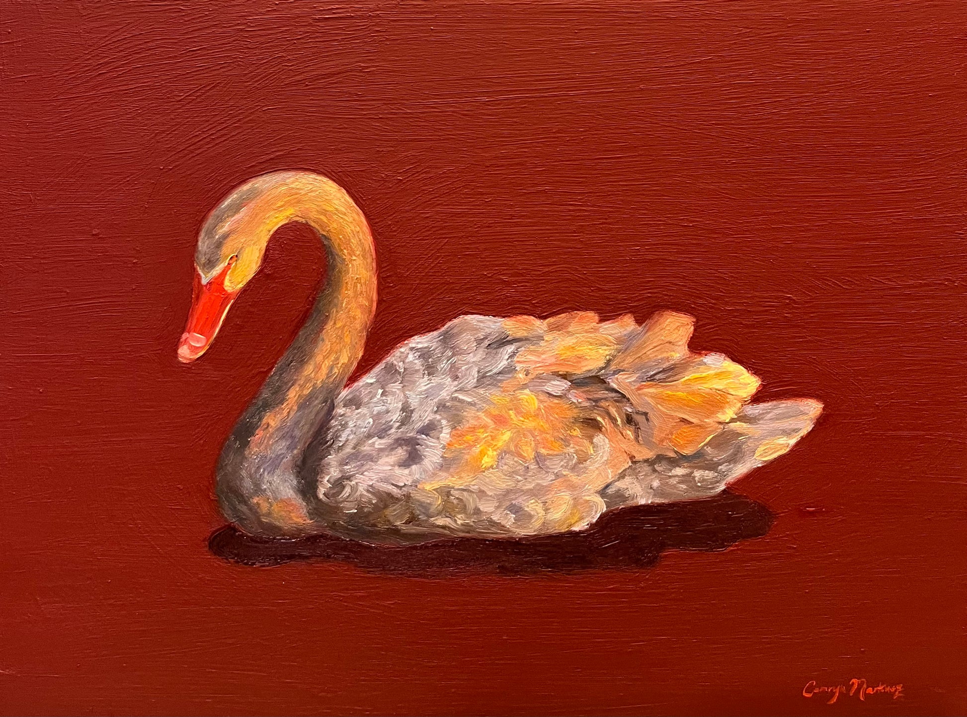 Painting of a grey swan on a red background