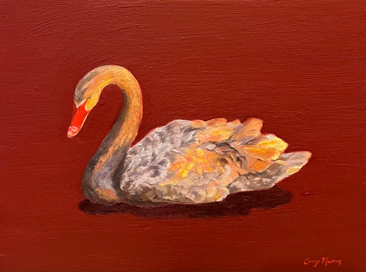 Painting of a grey swan on a red background