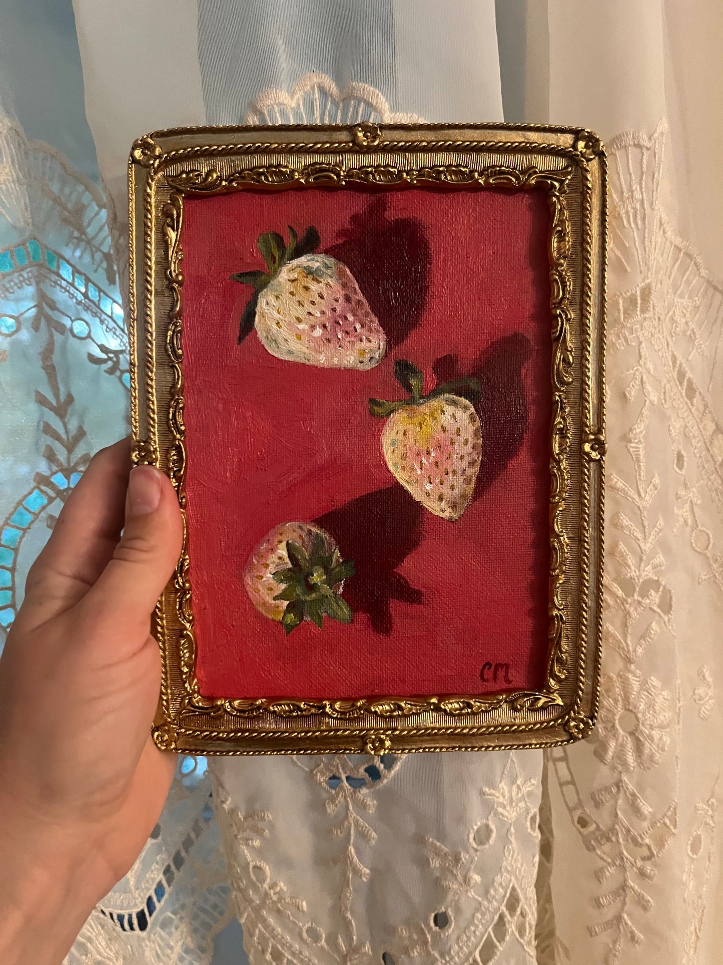 "Three Pineberries" 5"x7" Framed Oil Painting