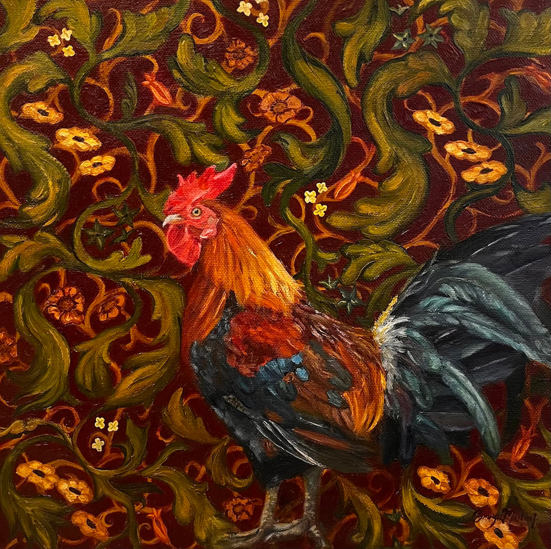 Colorful rooster painting on a decorative background with intricate patterns