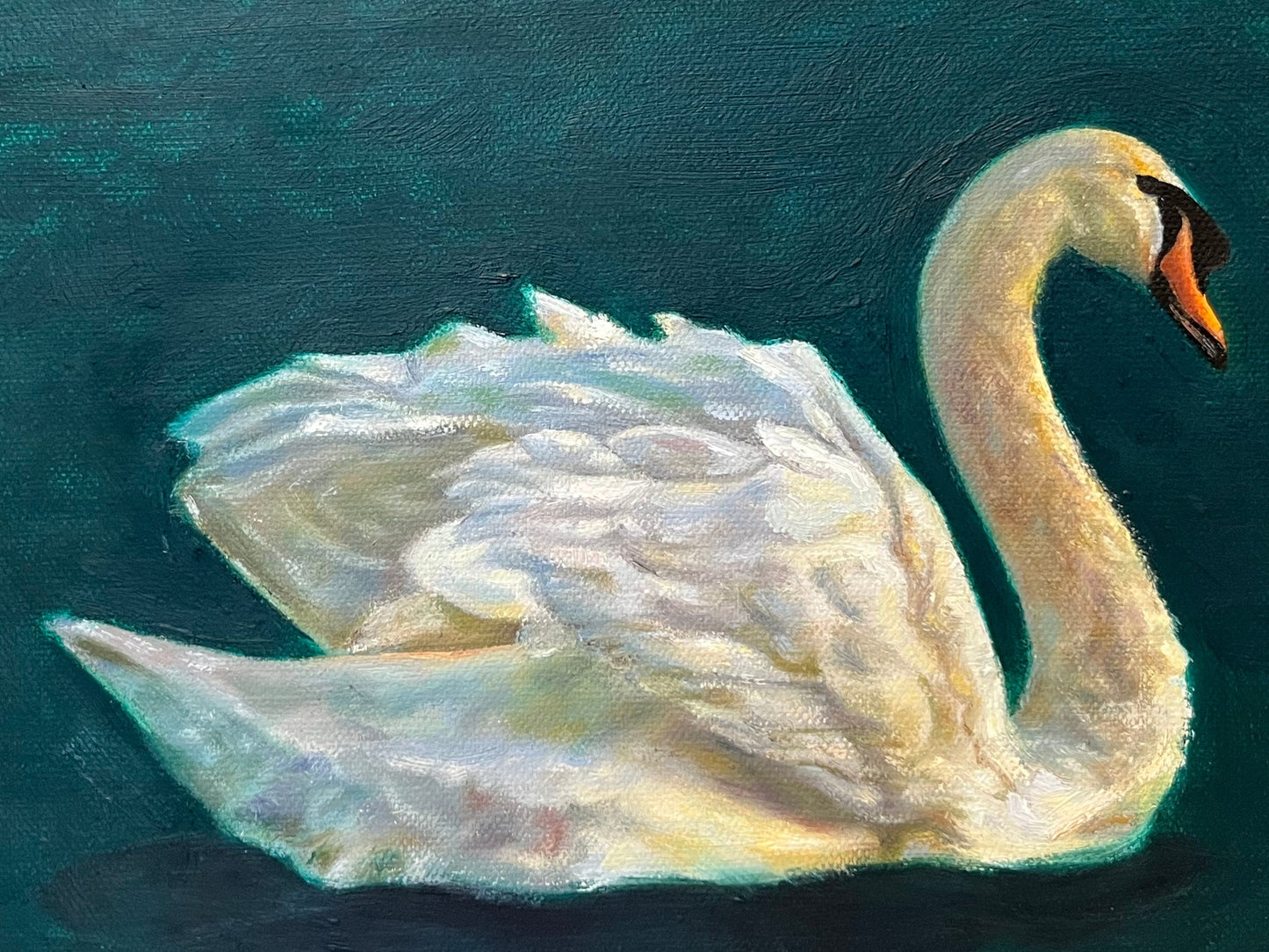 Painting of a swan on a dark green background