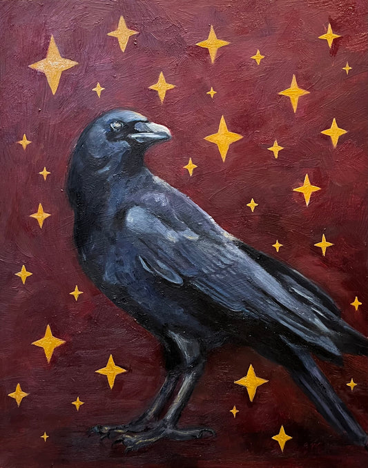 Painting of a black crow with gold stars on a dark red background