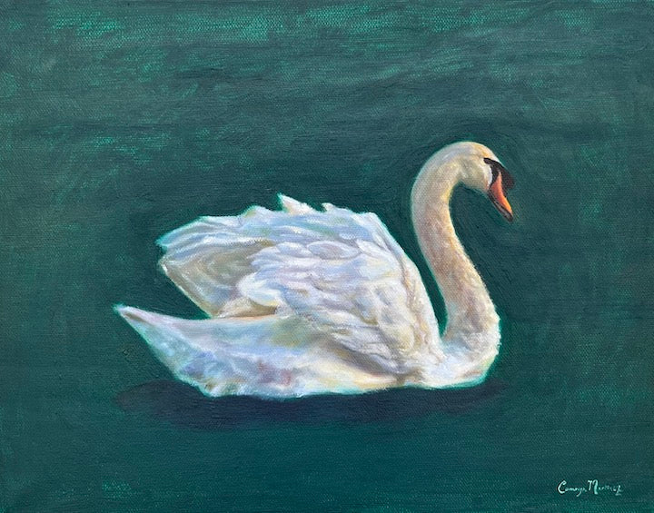 Painting of a swan floating on water with a dark green background