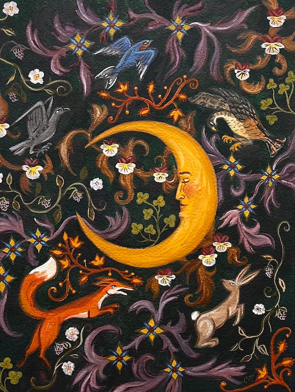 painting with a smiling crescent moon, animals, and floral patterns on a dark green background